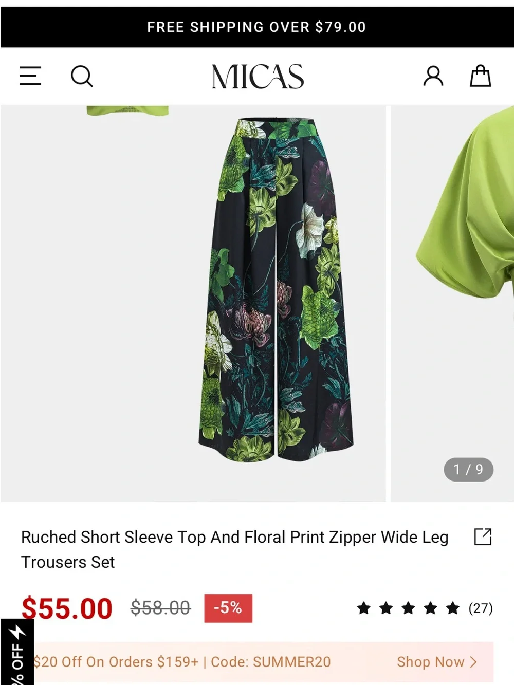 NWT MICAS 3XL Green Crop Top Floral Wide Leg Pants Two Piece Set